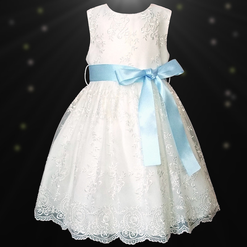 Girls Ivory Floral Lace Dress Baby Blue Satin Sash Flower Girl